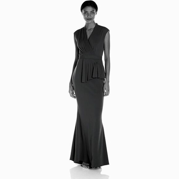 Badgley Mischka Black V-Neck Pleat Front Cap Sleve Gown Full Length Dress Size 8 - Picture 1 of 8